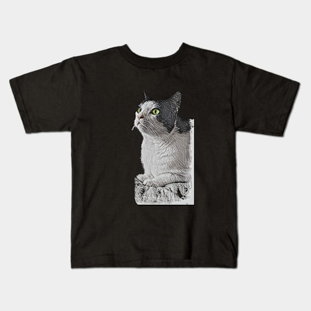 White and black Cat, sitting Kids T-Shirt by NadJac